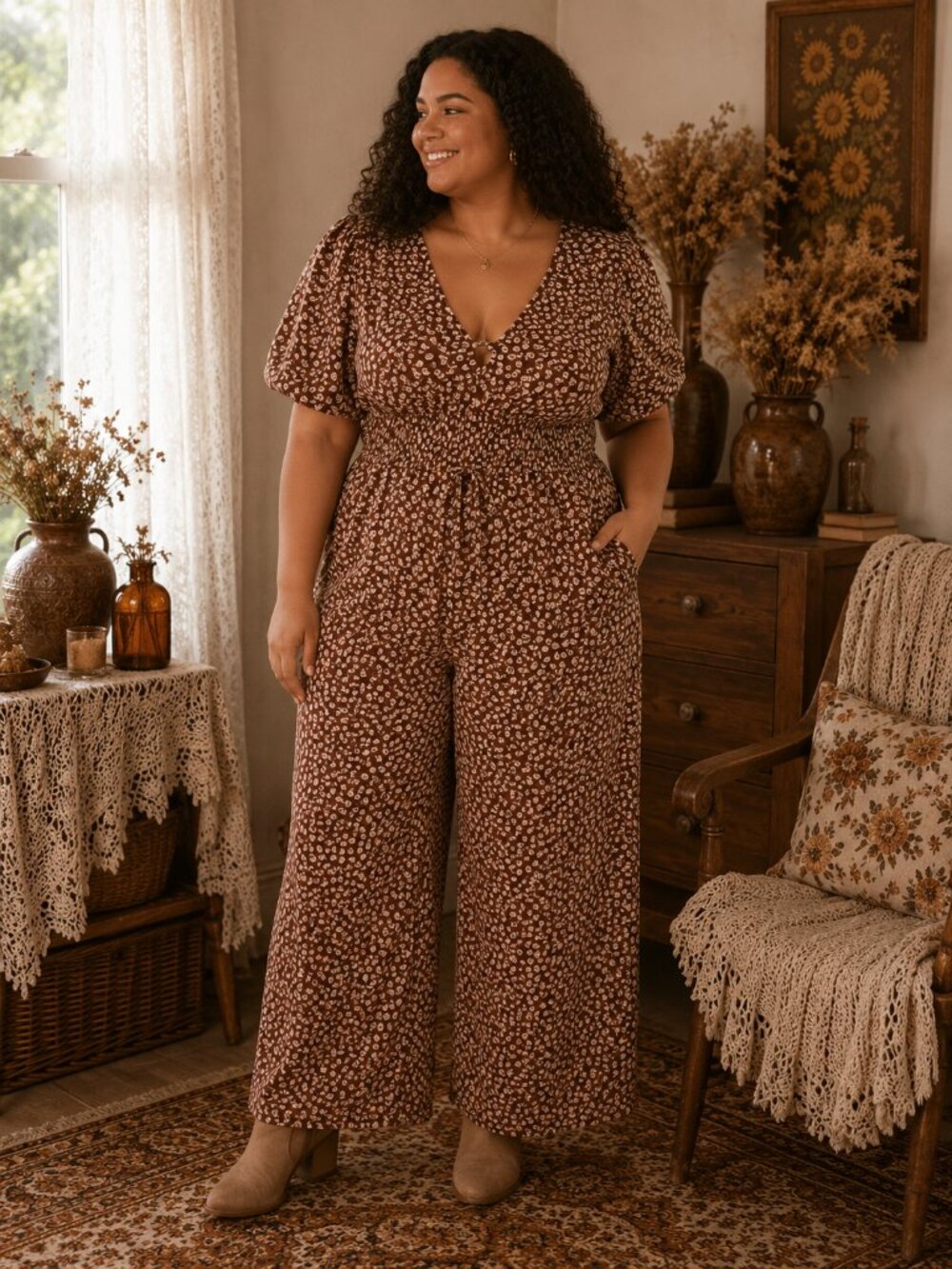 Kori Plus Size Cotton Wide Leg Fall Leaf Print Jumpsuit